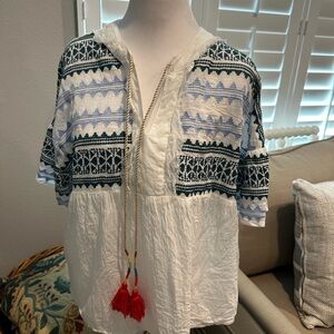 THML White and Black Patterned Blouse with Red Tassels